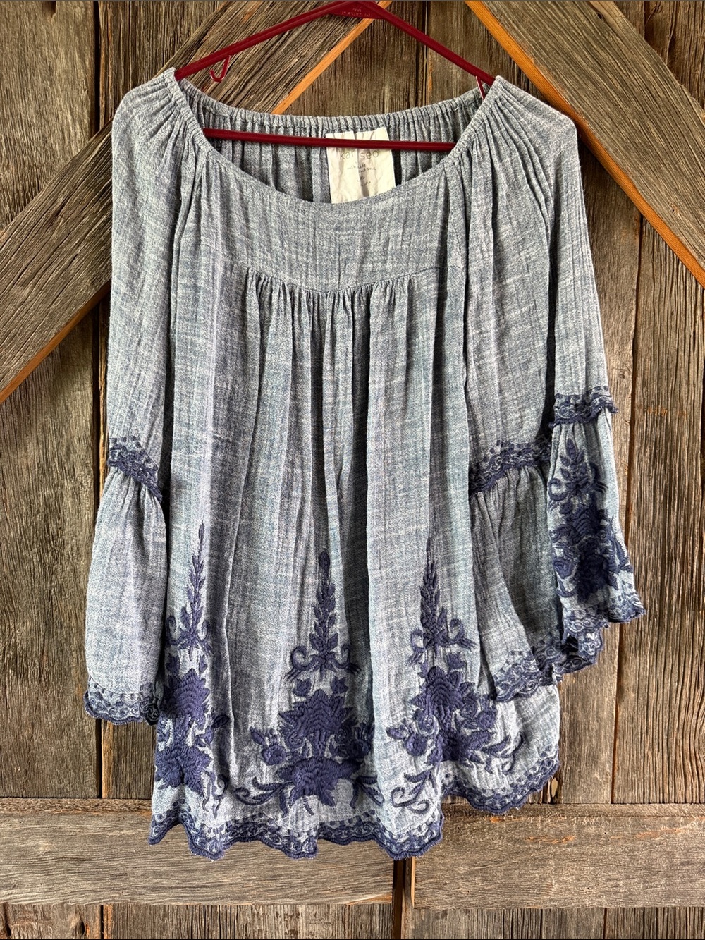Boho Embroidered Peasant Top - Blue